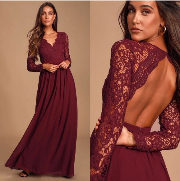 Lulus Dresses & Skirts - Lulu’s Awaken My Love Burgundy Long Sleeve Lace Maxi Dress Size M